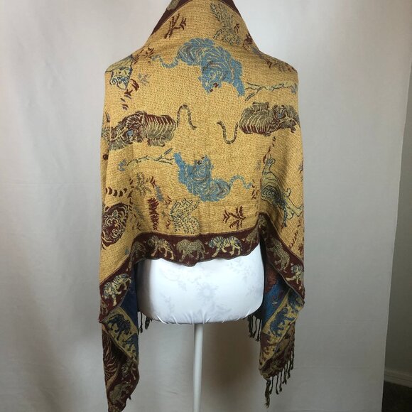 Vintage Wildlife Jacquard Pashmina-Style Shawl – Tigers, Elephants & Birds – Rev - Picture 9 of 16